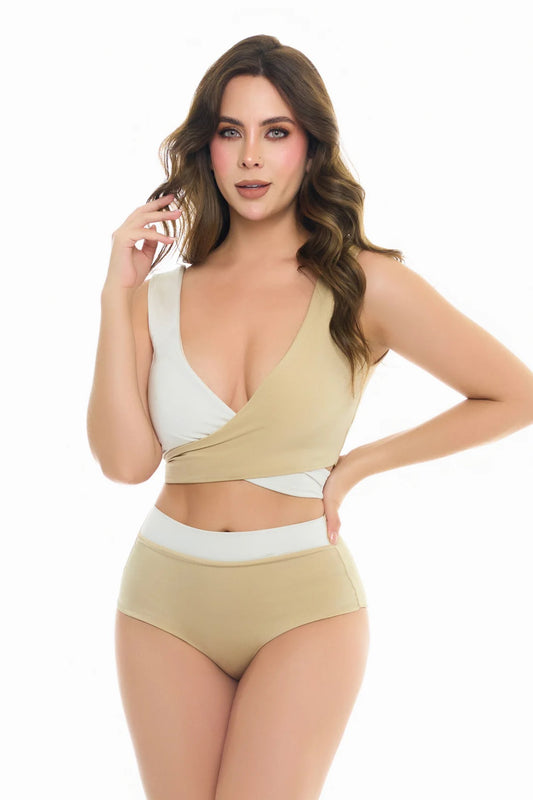 TRAJE DE BAÑO  DOS PIEZAS PANTY ALTO DORADO CON BEIGE